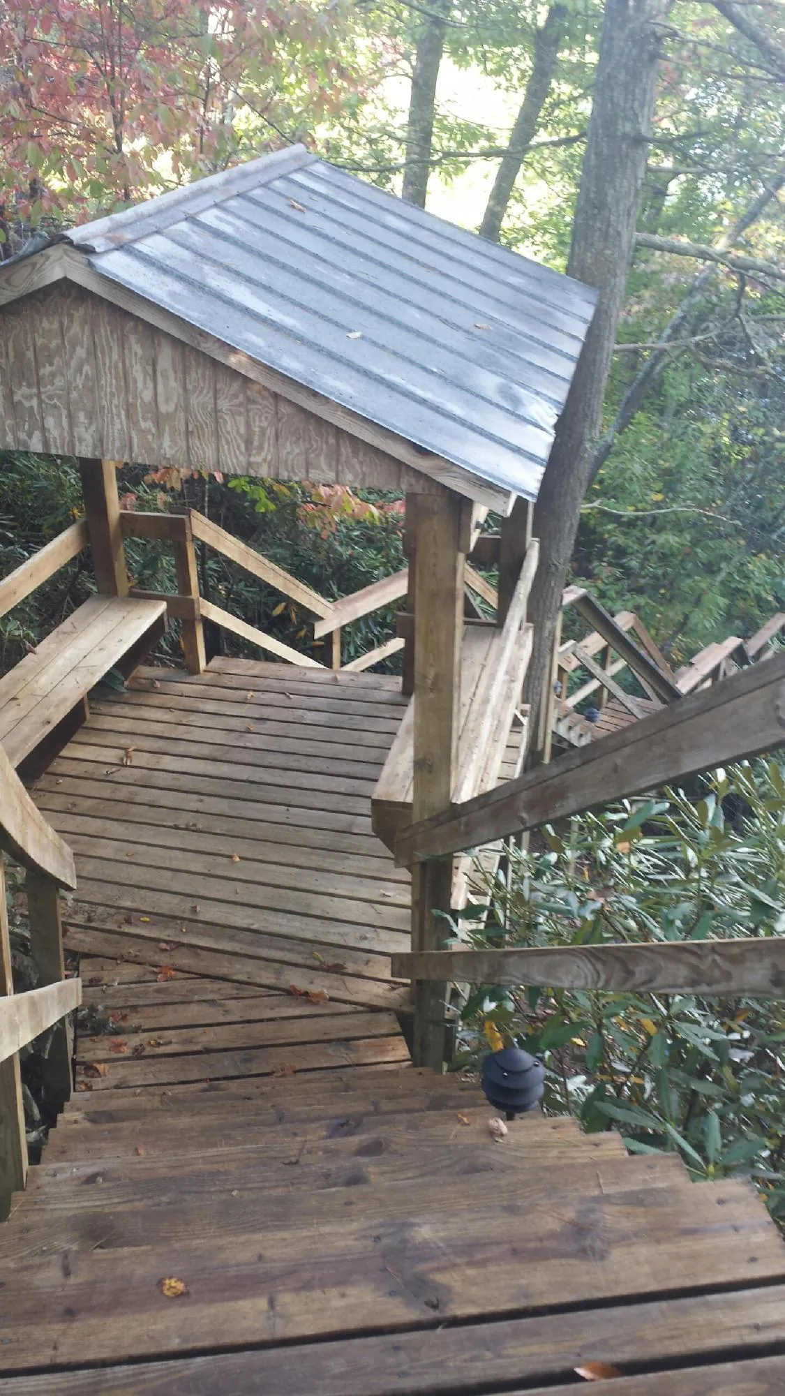 Metal roofed shelter over wooden steps on a wooded walkway — Skylight Repair & Installation work by our crew in Holiday
